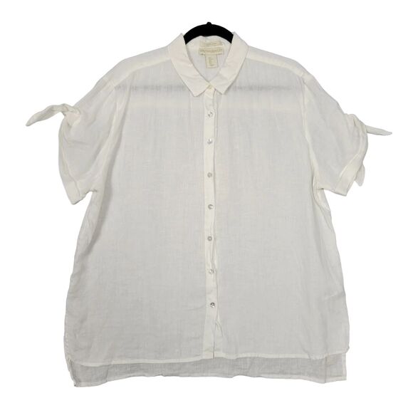 Cynthia Rowley Tops - CYNTHIA ROWLEY White Linen Tie Sleeve Collared Button Up Coastal Top SIZE LARGE